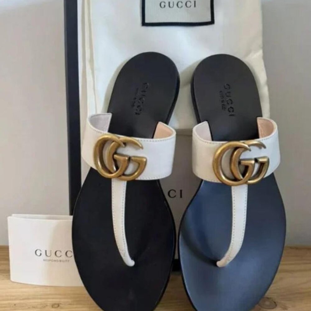 NEW Gucci Marmont GG Leather T Strap Thong Flat Sandals Shoes Cream Size 39